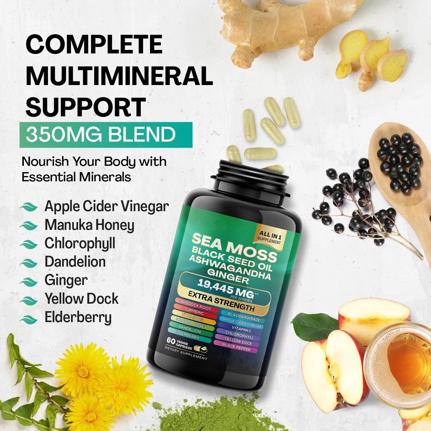 Sea Moss Black Seed Oil Ashwagandha Ginger 19445mg